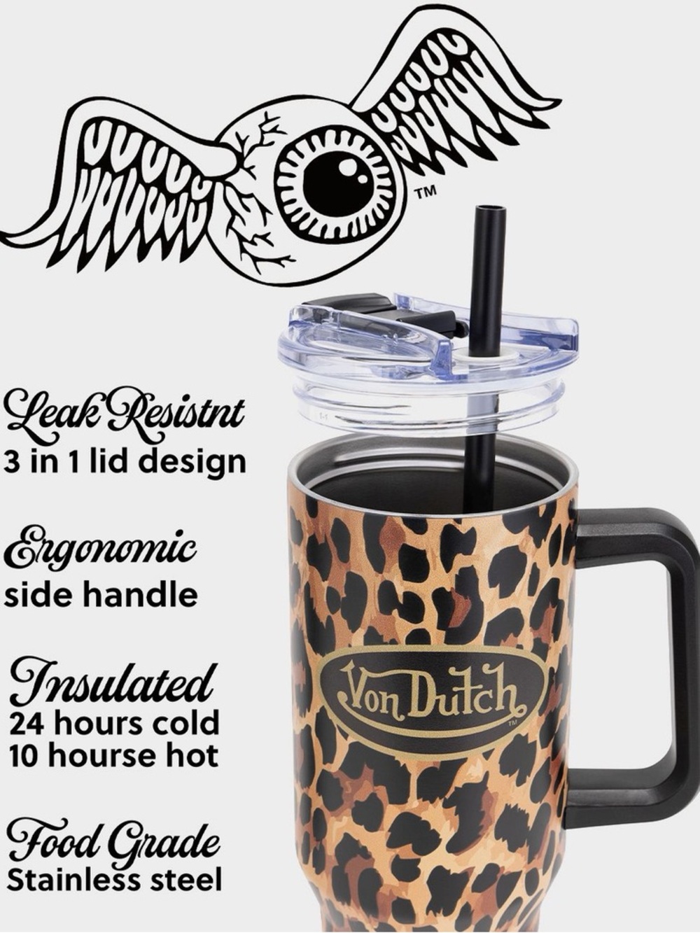 VON DUTCH 40oz Leopard Double Walled Insulated Stainless Steel Tumbler - Picture 4 of 6